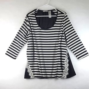 HANNAH WOMEN'S Black and White Stripe with Lace Accent Stretchy Top Size XL